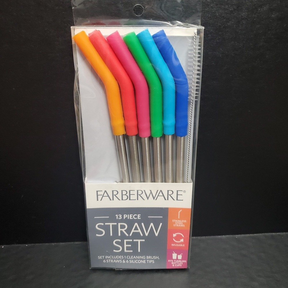 Farberware 13 Pc Stainless Steel - 6 Straws, Silicone Tips & Cleaning Brush